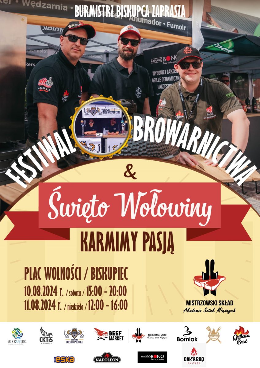 Plakat zapraszający w dniach 10-11 sierpnia 2024 r. do Biskupca na Święto Wołowiny "Karmimy pasją" Biskupiec 2024.