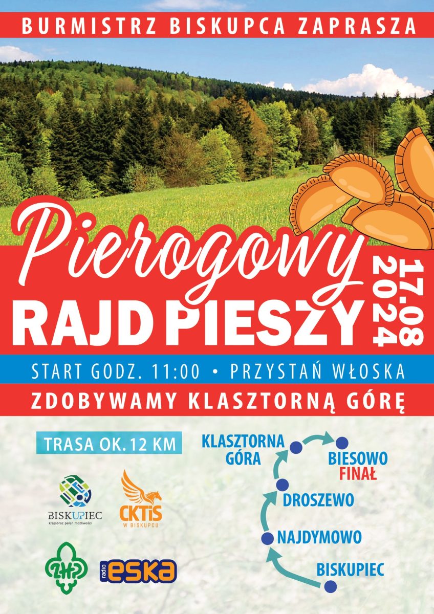 Plakat zapraszający w sobotę 17 sierpnia 2024 r. do Biskupca na Pierogowy Rajd Pieszy Biskupiec 2024.