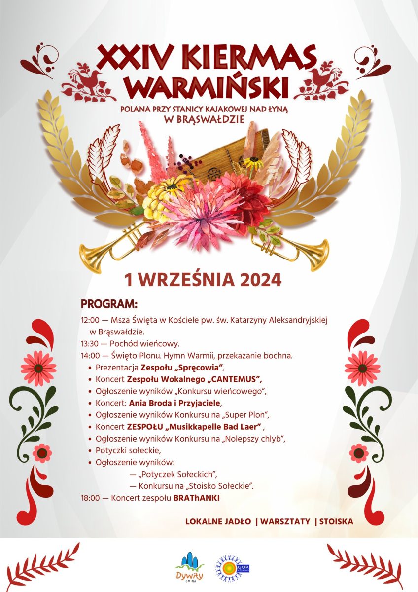 Plakat zapraszający w niedzielę 1 września 2024 r. do miejscowości Brąswałd w gminie Dywity na 24. edycję Kiermasu Warmińskiego Brąswałd 2024.