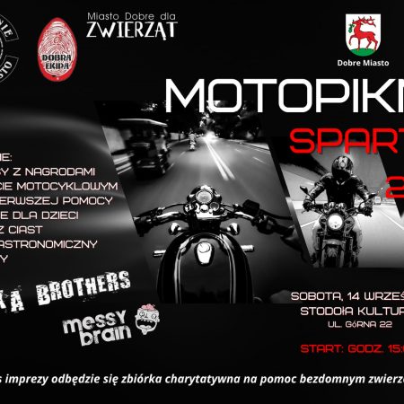 Plakat zapraszający w sobotę 14 września 2024 r. do Dobrego Miasta na Motopiknik Spartan Dobre Miasto 2024.