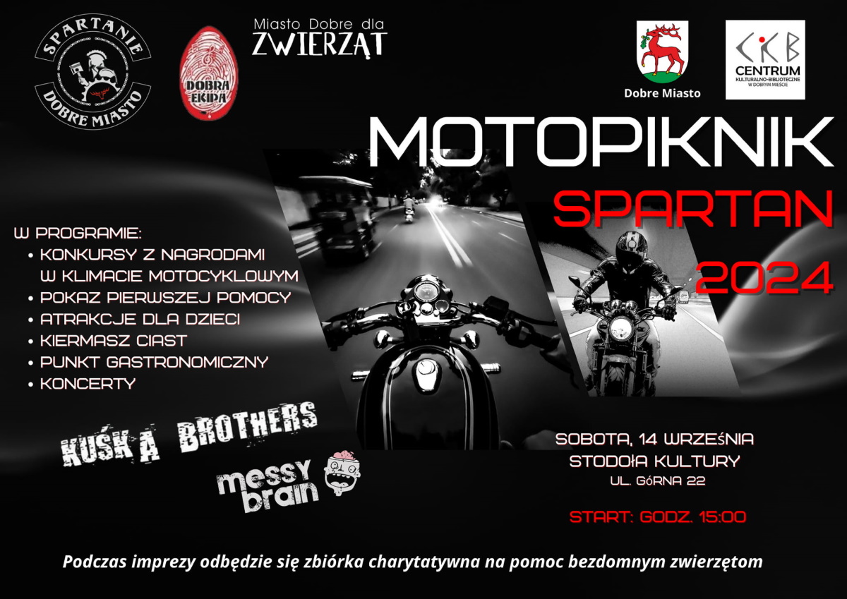 Plakat zapraszający w sobotę 14 września 2024 r. do Dobrego Miasta na Motopiknik Spartan Dobre Miasto 2024.