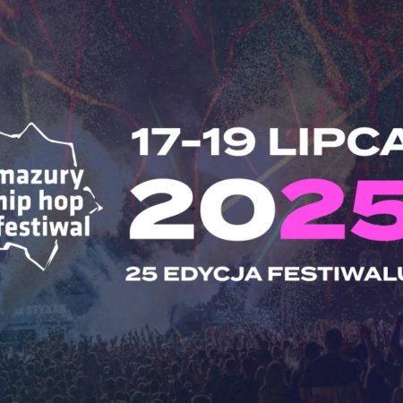 Plakat zapraszający w dniach 17-19 lipca 2025 r. do Giżycka na 25. edycję Festiwalu Mazury Hip Hop Festiwal Giżycko 2025.