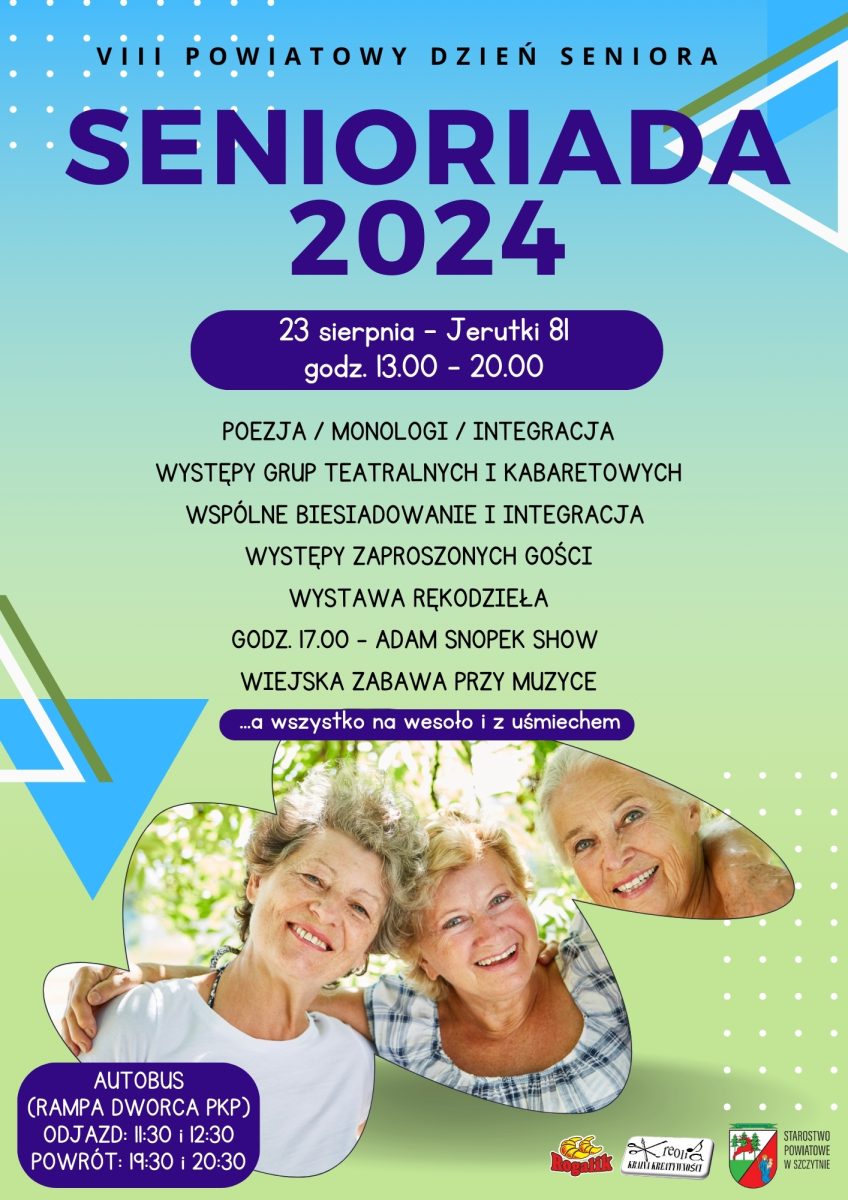 Plakat zapraszający w piątek 23 sierpnia 2024 r. do miejscowości Jerutki w gminie Świętajno na Senioriada Jerutki 2024.