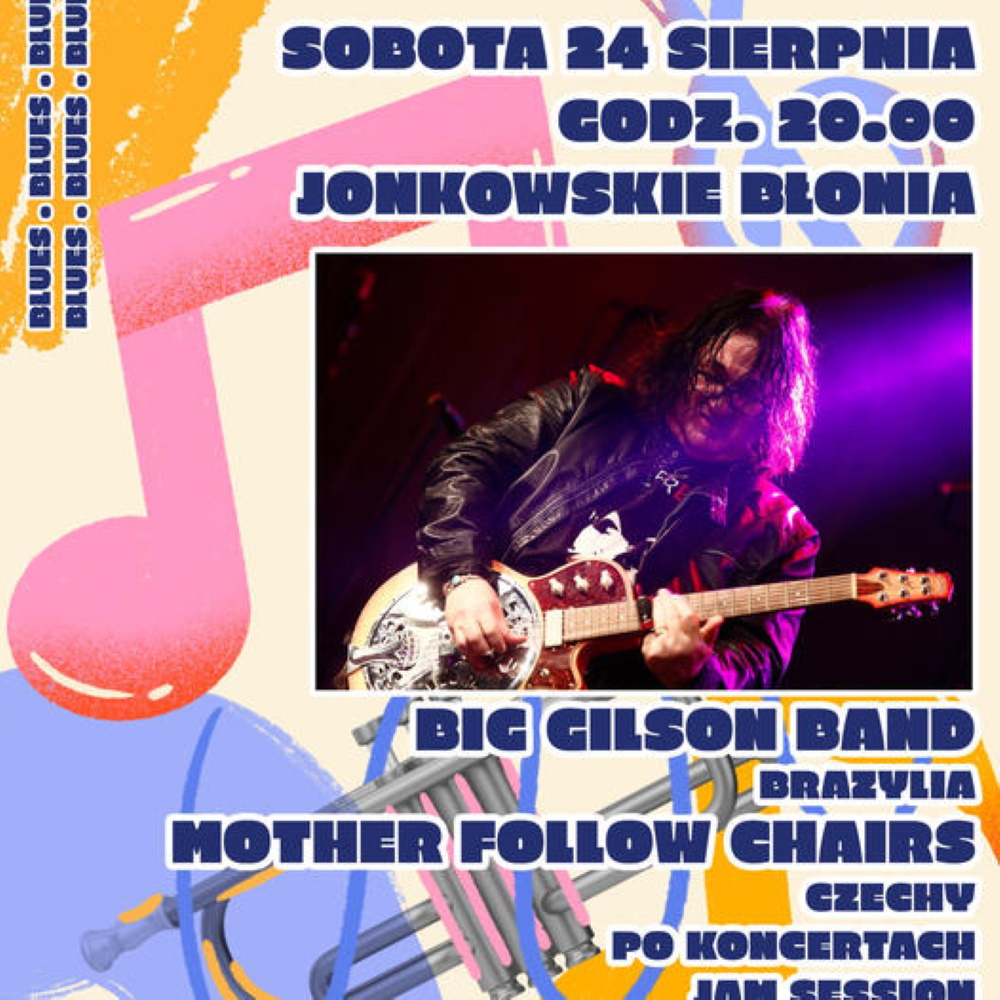 Plakat zapraszający w sobotę 24 sierpnia 2024 r. do Jonkowa na 1. edycję Warmia Blues Festiwal Jonkowo 2024.