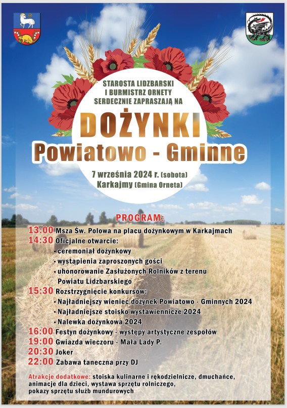 Plakat zapraszający w sobotę 7 września 2024 r. do miejscowości Karkajmy w gminie Orneta na Dożynki Powiatowo-Gminne Ornety Karkajmy 2024.