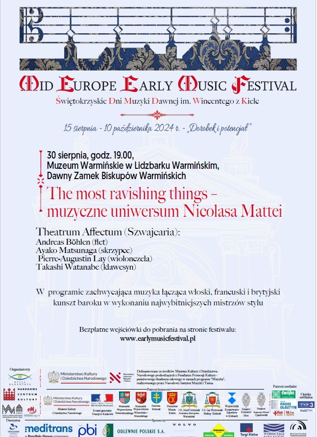 Plakat zapraszający w piątek 30 sierpnia 2024 r. do Zamku w Lidzbarku Warmińskim na Mid Europe Early Music Festival Zamek Lidzbark Warmiński 2024.