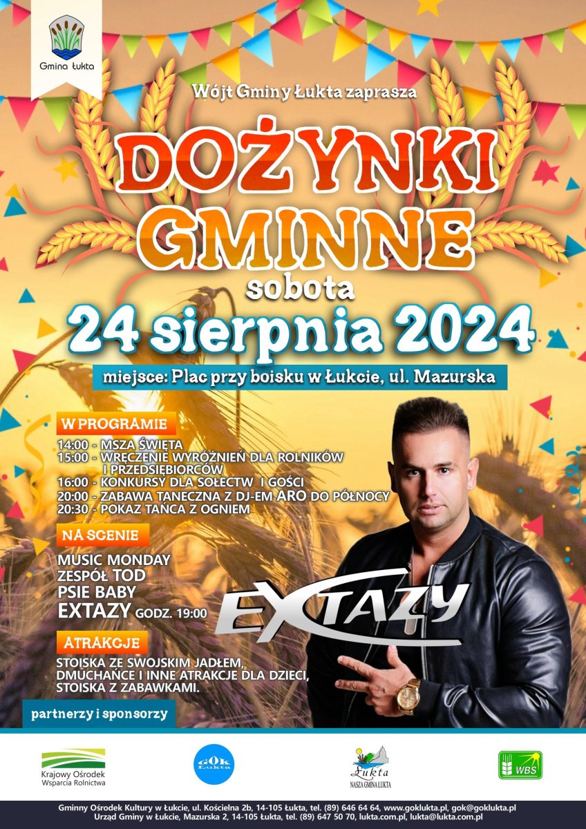 Plakat zapraszający w sobotę 24 sierpnia 2024 r. do miejscowości Łukta w powiecie ostródzkim na Dożynki Gminne Łukta 2024. 