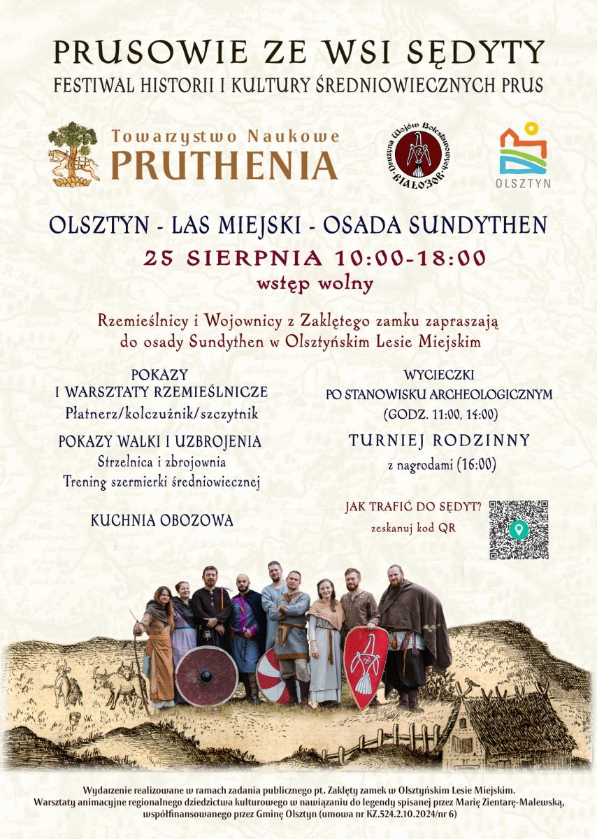 Plakat zapraszający na Festiwal Historii i Kultury Średniowiecznych Prus. Cz. 1 Rzemieślnicy i Wojownicy z Zaklętego Zamku w dniu 25 sierpnia 2024 w Olsztynie.   