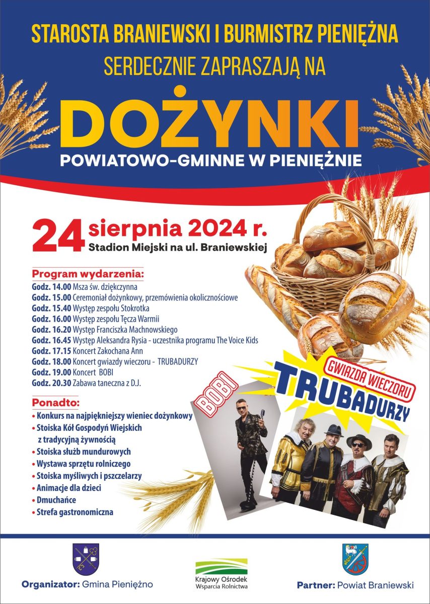 Plakat zapraszający w sobotę 24 sierpnia 2024 r. do Pieniężna na Dożynki Powiatowo-Gminne Pieniężno 2024.