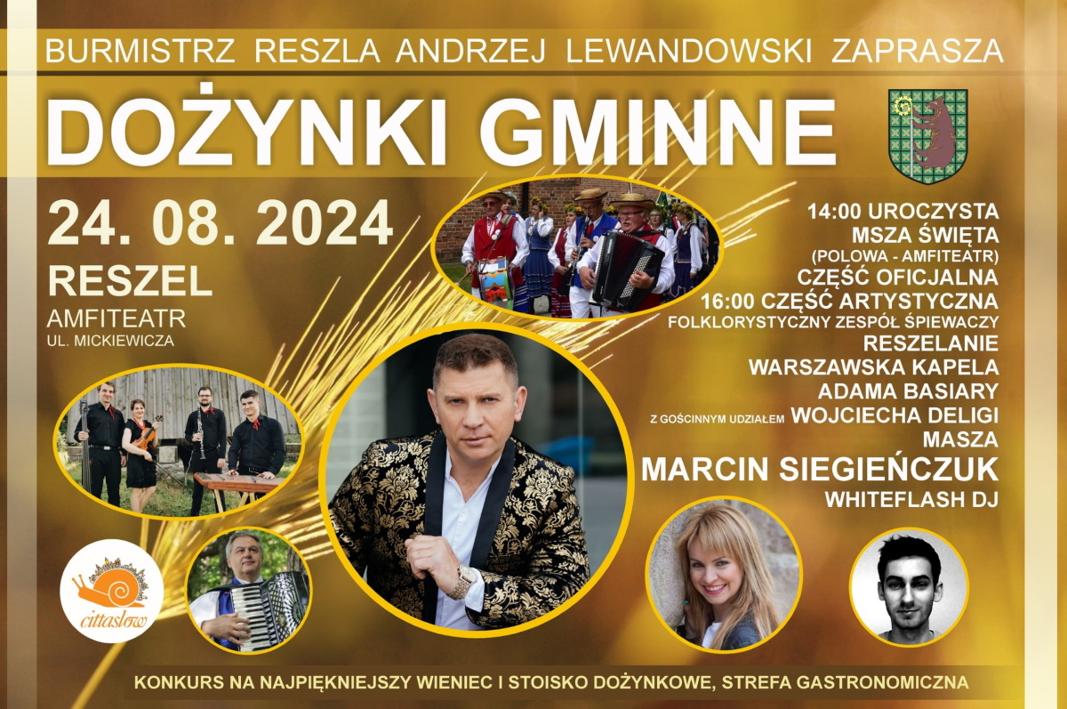 Plakat zapraszający w sobotę 24 sierpnia 2024 r. do Reszla na Dożynki Gminne Reszel 2024.