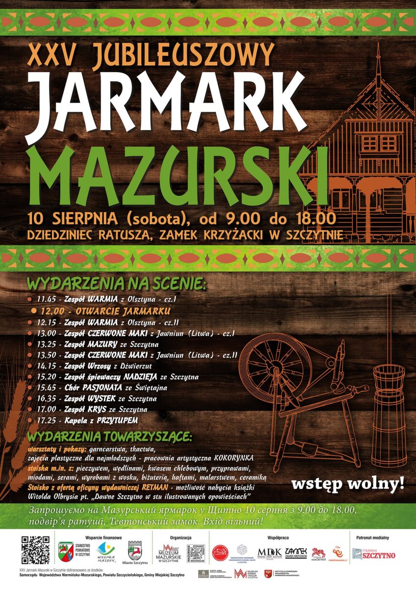 Plakat zapraszający w sobotę 10 sierpnia 2024 r. do Szczytna na 25. edycję Jubileuszowego Jarmarku Mazurskiego Szczytno 2024.