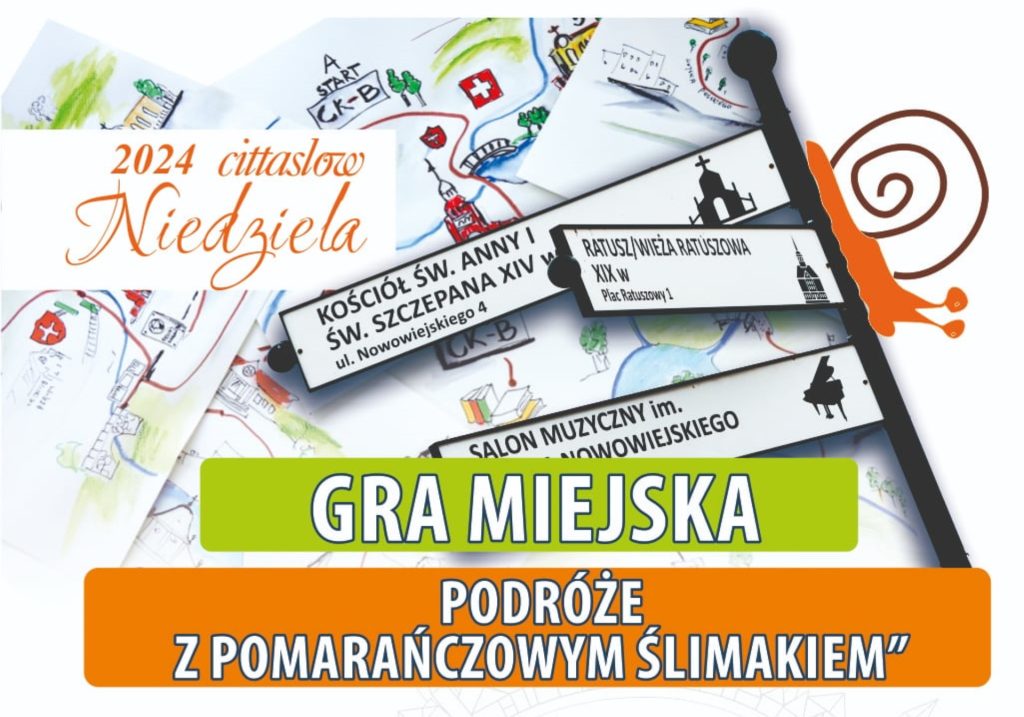 Plakat zapraszający w niedzielę 22 września 2024 r. do Barczewa na Grę Miejską "Podróże z pomarańczowym ślimakiem" Barczewo 2024.