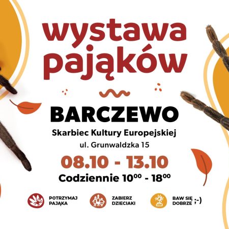 Plakat zapraszający w dniach 8-13 października 2024 r. do Barczewa na Wystawę Pająków Barczewo 2024.