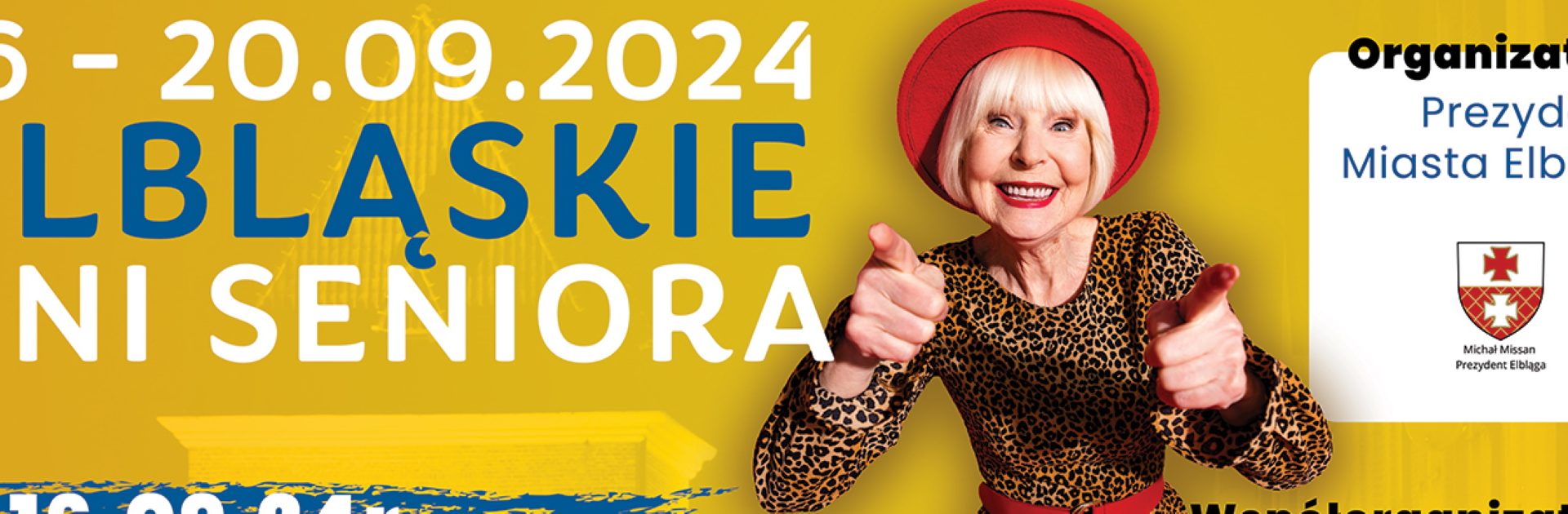 Plakat zapraszający w dniach 16-20 września 2024 r. do Elbląga na Elbląskie Dni Seniora Elbląg 2024.