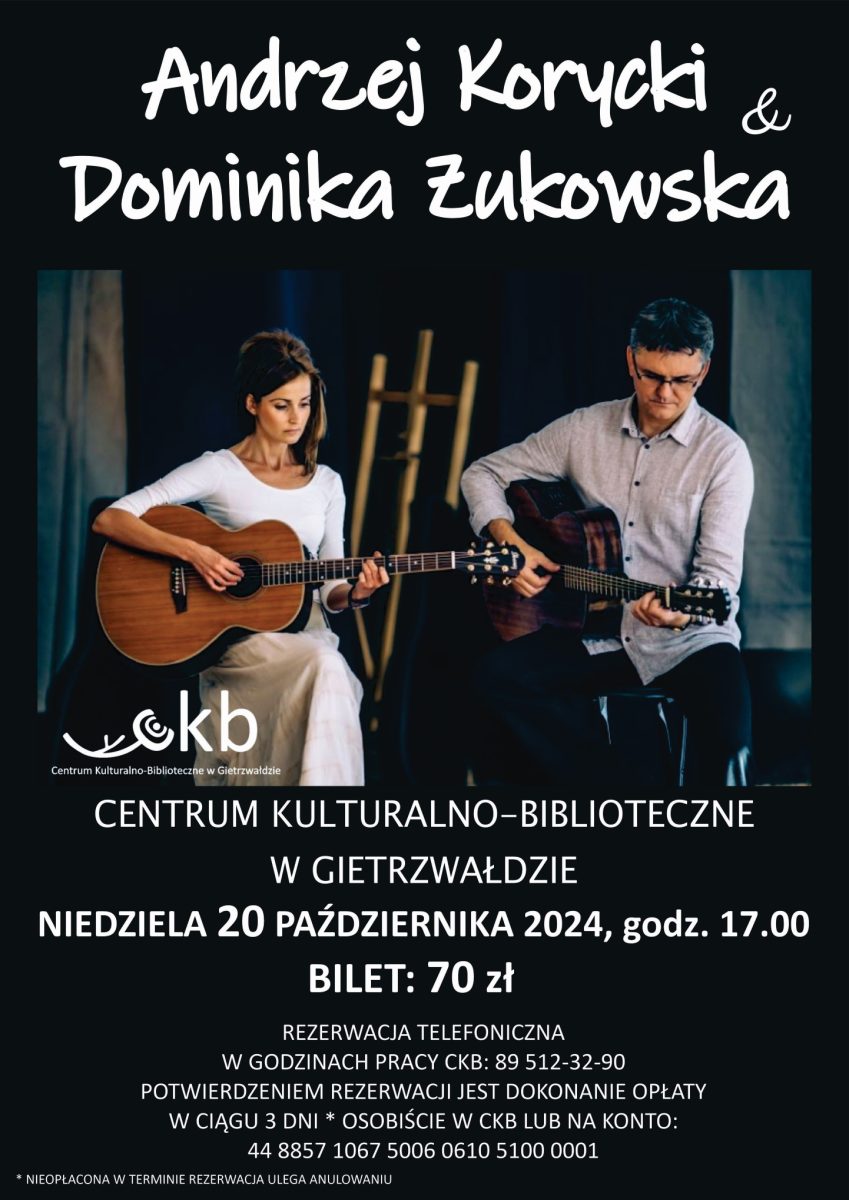 Plakat zapraszający w niedzielę 20 października 2024 r. do Gietrzwałdu na koncert Andrzeja Koryckiego i Dominiki Żukowskiej Gietrzwałd 2024.