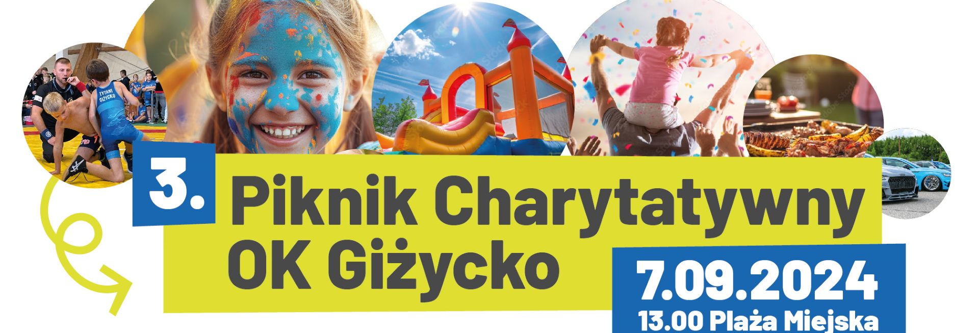 Plakat zapraszający w sobotę 7 września 2024 r. do Giżycka na Piknik Charytatywny OK Giżycko 2024.