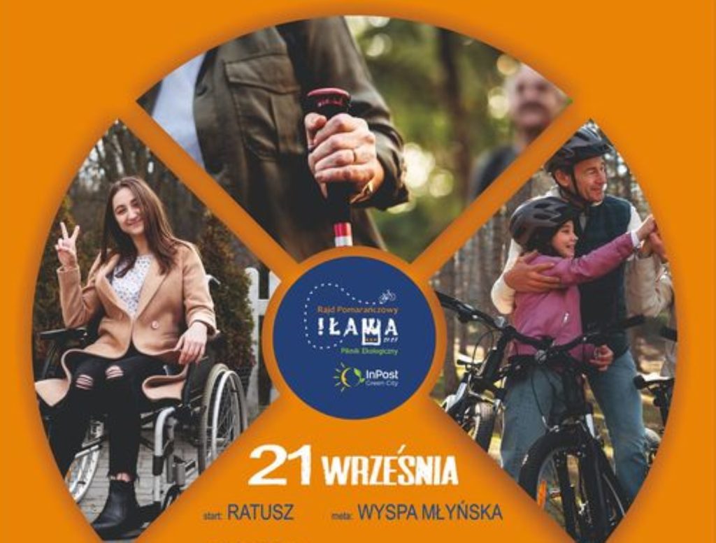 Plakat zapraszający w sobotę 21 września 2024 r. do Iławy na 17. edycję Pomarańczowego Rajdu Rowerowego im. Króla Holandii i Piknik Ekologiczny Iława 2024.