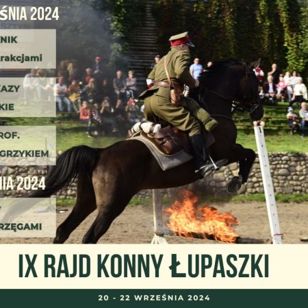 Plakat zapraszający w dniach 20-22 września 2024 r. do miejscowości Kierzbuń w gminie Barczewo na Piknik Kawaleryjski & Rajd Konny Łupaszki Stadnina Koni Kierzbuń 2024.