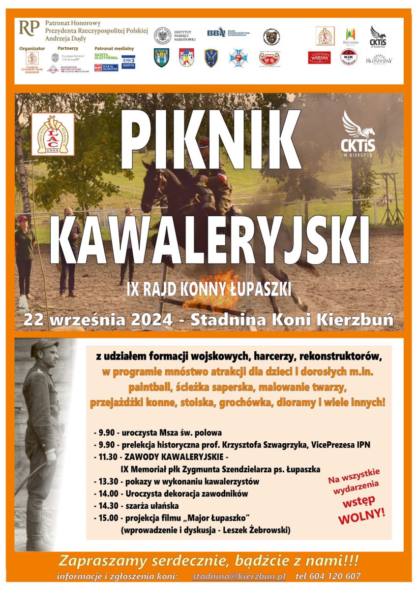 Plakat zapraszający w dniach 20-22 września 2024 r. do miejscowości Kierzbuń w gminie Barczewo na Piknik Kawaleryjski & Rajd Konny Łupaszki Stadnina Koni Kierzbuń 2024.