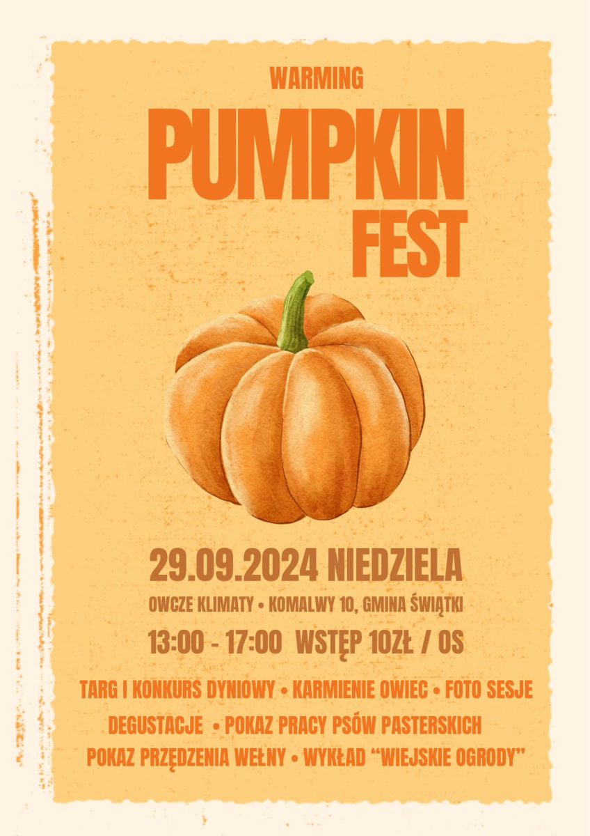 Plakat zapraszający w niedzielę 29 września 2024 r. do miejscowości Komalwy w gminie Świątki w powiecie olsztyńskim na Święto Dyni Warming Pumpkin Fest Komalwy 2024.