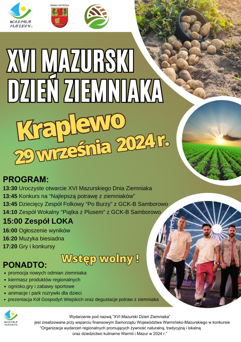 Plakat zapraszający w niedzielę 29 września 2024 r. do miejscowości Kraplewo w gminie Ostróda na Mazurski Dzień Ziemniaka Kraplewo 2024.