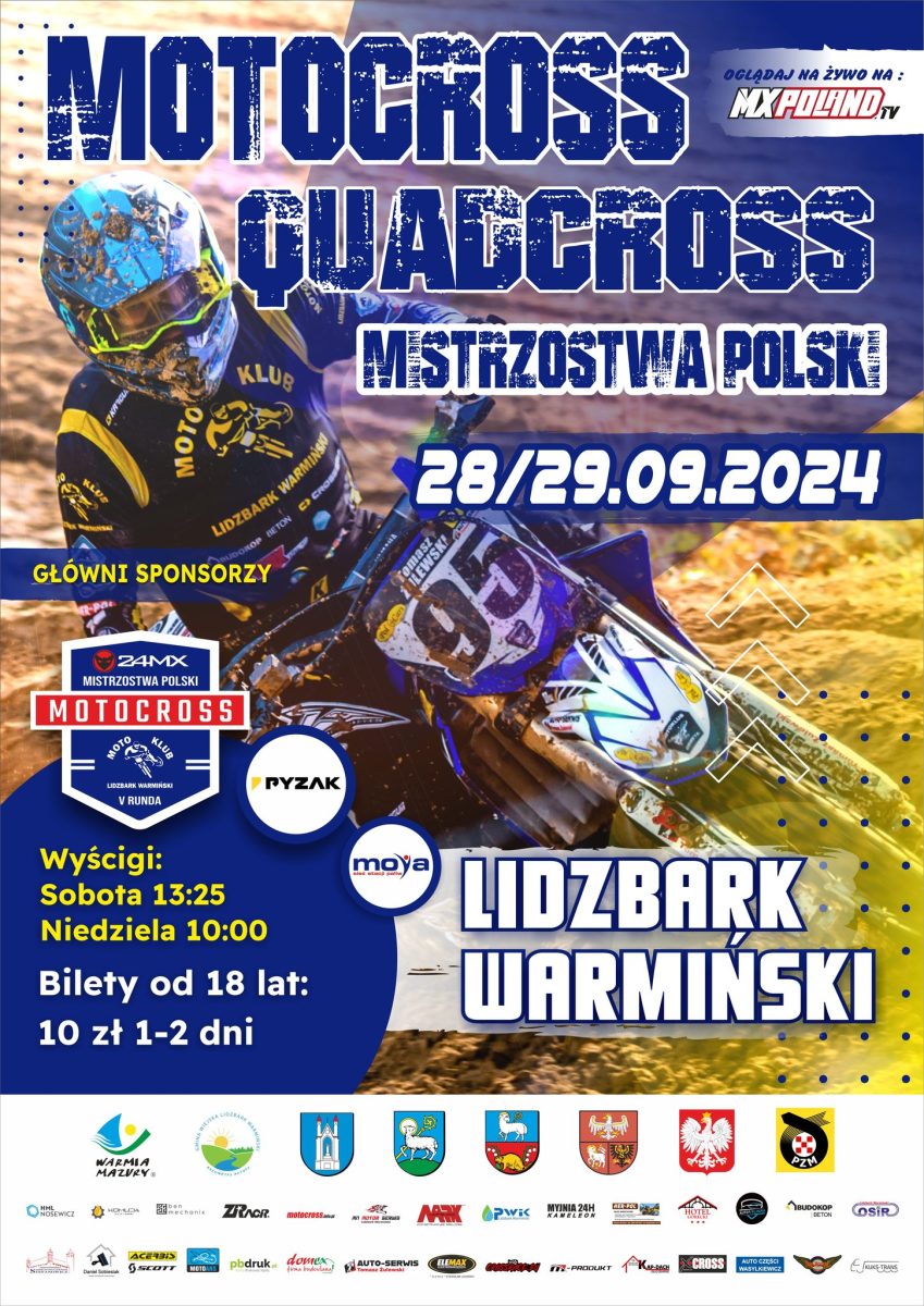 Plakat zapraszający w dniach 28-29 września 2024 r. do Lidzbarka Warmińskiego na 5 Rundę Mistrzostw Polski w Motocross & Quadcross Lidzbark Warmiński 2024. 