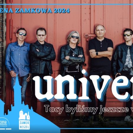 Plakat zapraszający w sobotę 23 listopada 2024 r. do Reszla na koncert zespołu Universe "Tacy byliśmy jeszcze wczoraj..." Zamek Reszel 2024. 