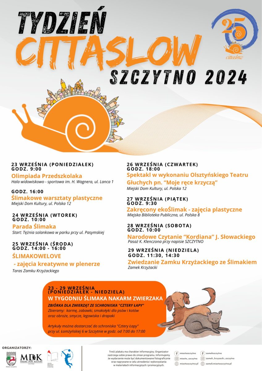 Plakat zapraszający w dniach 23-29 września 2024 r. do Szczytna na Tydzień Cittaslow Szczytno 2024. 