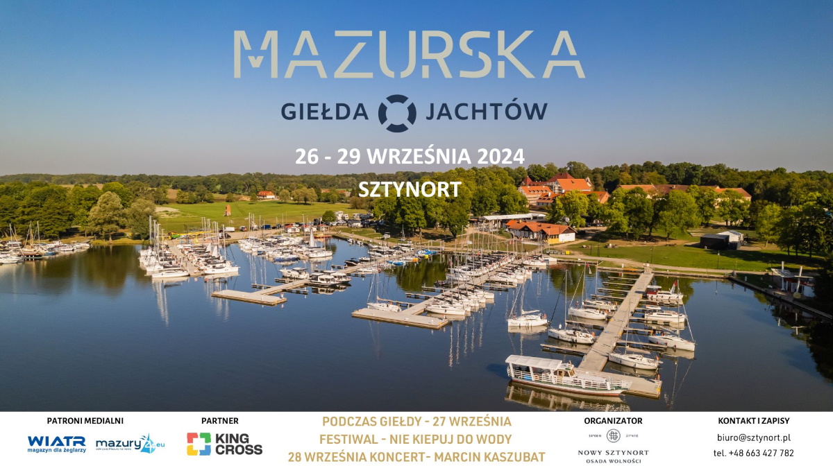 Plakat zapraszający w dniach 26-29 września 2024 r. do Portu w Sztynorcie na Mazurską Giełdę Jachtów Sztynort 2024.