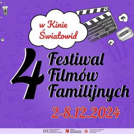 Plakat zapraszający w dniach 2-8 grudnia 2024 r. do Elbląga na 4. edycję Festiwalu Filmów Familijnych Elbląg 2024.