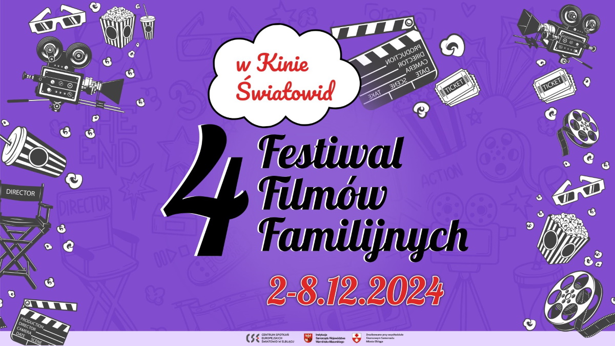 Plakat zapraszający w dniach 2-8 grudnia 2024 r. do Elbląga na 4. edycję Festiwalu Filmów Familijnych Elbląg 2024.