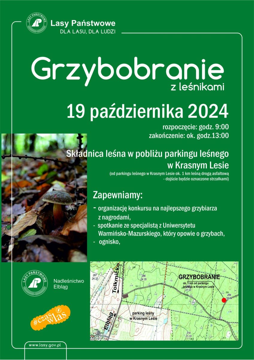 Plakat zapraszający w sobotę 19 października 2024 r. na Grzybobranie z leśnikami Nadleśnictwo Elbląg 2024