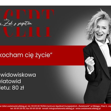 Plakat zapraszający w sobotę 9 listopada 2024 r. do Elbląga na koncert Katarzyny Żak z zespołem "Młynarski - Kocham cię życie" Elbląg 2024. 