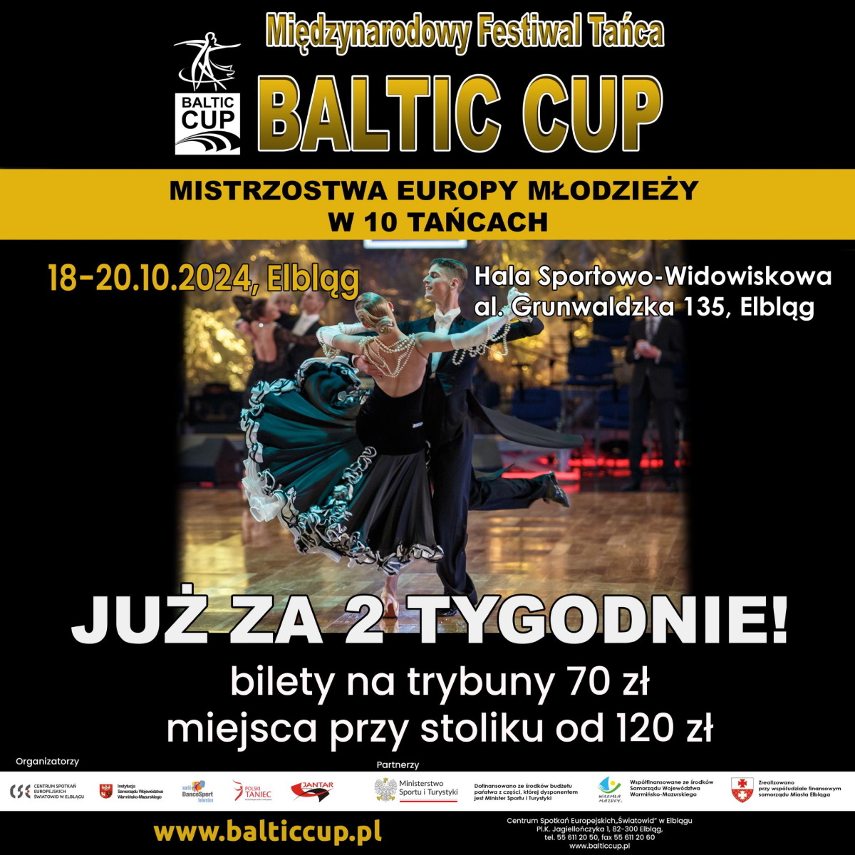 Plakat zapraszający w dniach 18-20 października 2024 r. do Elbląga na Międzynarodowy Festiwal Tańca „BALTIC CUP” Elbląg 2024.