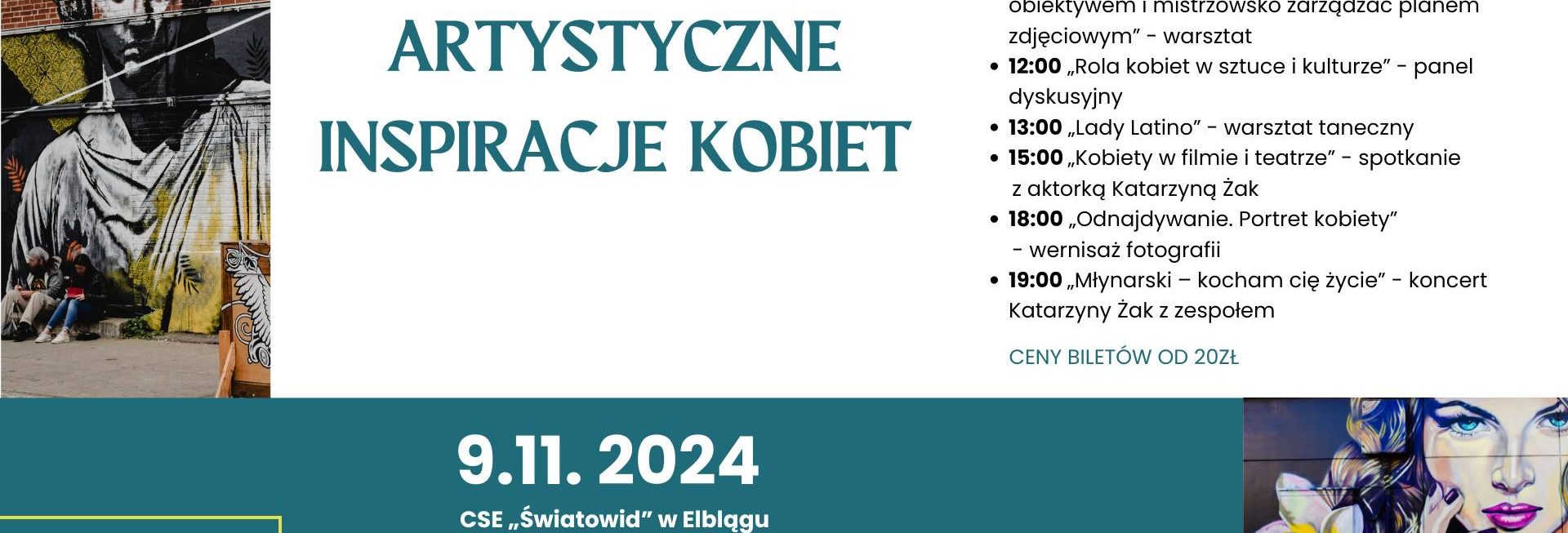 Plakat zapraszający w sobotę 9 listopada 2024 r. do Elbląga na warsztaty "Artystyczne Inspiracje Kobiet w Światowidzie" Elbląg 2024. 