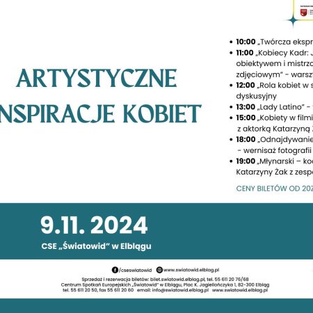 Plakat zapraszający w sobotę 9 listopada 2024 r. do Elbląga na warsztaty "Artystyczne Inspiracje Kobiet w Światowidzie" Elbląg 2024. 