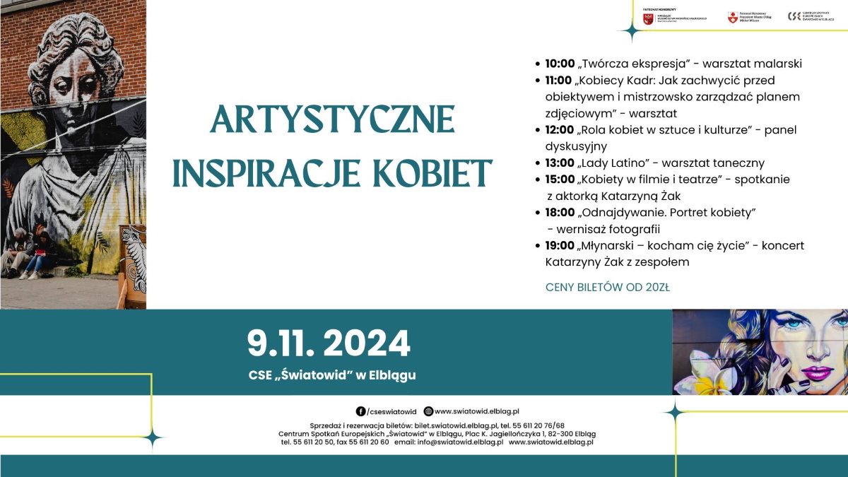 Plakat zapraszający w sobotę 9 listopada 2024 r. do Elbląga na warsztaty "Artystyczne Inspiracje Kobiet w Światowidzie" Elbląg 2024. 