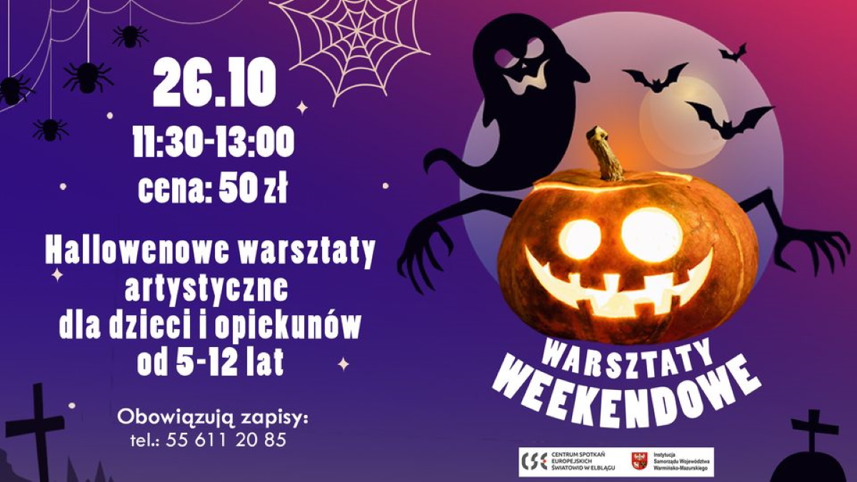 Plakat zapraszający w sobotę 26 października 2024 r. do Elbląga na warsztaty "Twórzmy magiczną atmosferę na Halloween" Elbląg 2024. 