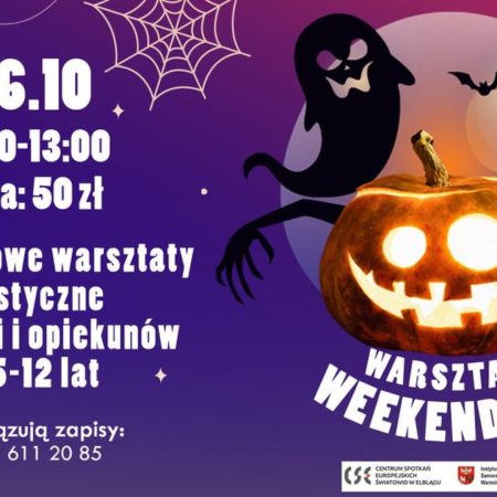 Plakat zapraszający w sobotę 26 października 2024 r. do Elbląga na warsztaty "Twórzmy magiczną atmosferę na Halloween" Elbląg 2024. 