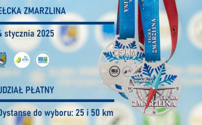 Plakat zapraszający w dniach 3-4 stycznia 2025 r. do Ełku na cykliczną imprezę sportową Ełcka Zmarzlina Ełk 2025.