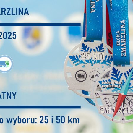 Plakat zapraszający w dniach 3-4 stycznia 2025 r. do Ełku na cykliczną imprezę sportową Ełcka Zmarzlina Ełk 2025.