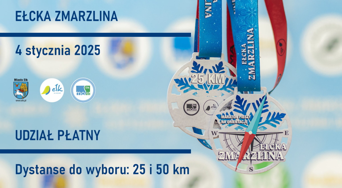 Plakat zapraszający w dniach 3-4 stycznia 2025 r. do Ełku na cykliczną imprezę sportową Ełcka Zmarzlina Ełk 2025.