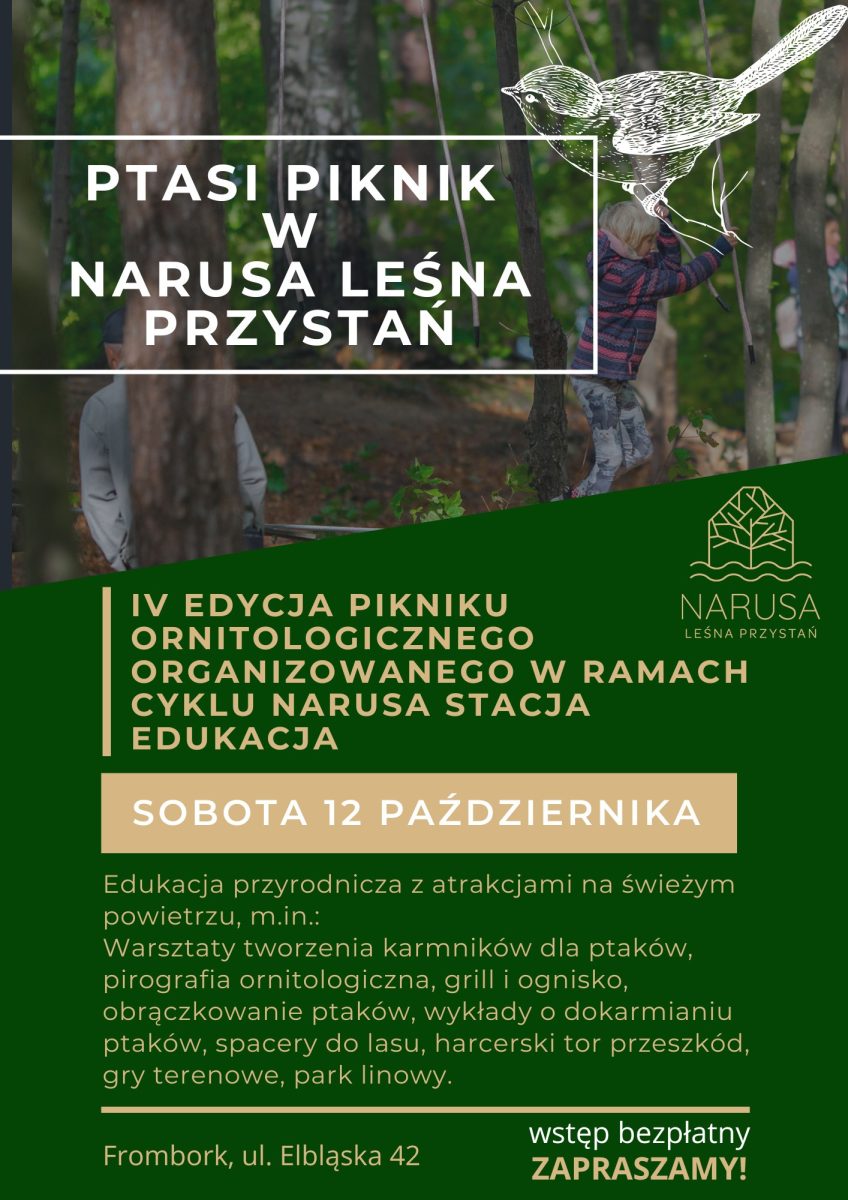 Plakat zapraszający w sobotę 12 października 2024 r. do Fromborka na Ptasi Piknik w Narusa Leśna Przystań Frombork 2024.