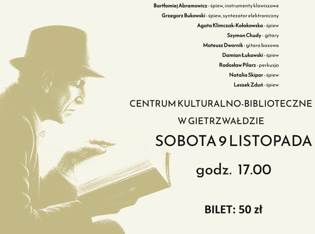 Plakat zapraszający w sobotę 9 listopada 2024 r. do Gietrzwałdu na koncert Memoriał Leonarda Cohena - "Księga Tęsknoty" - w wykonaniu Teatru Piosenki Gietrzwałd 2024.