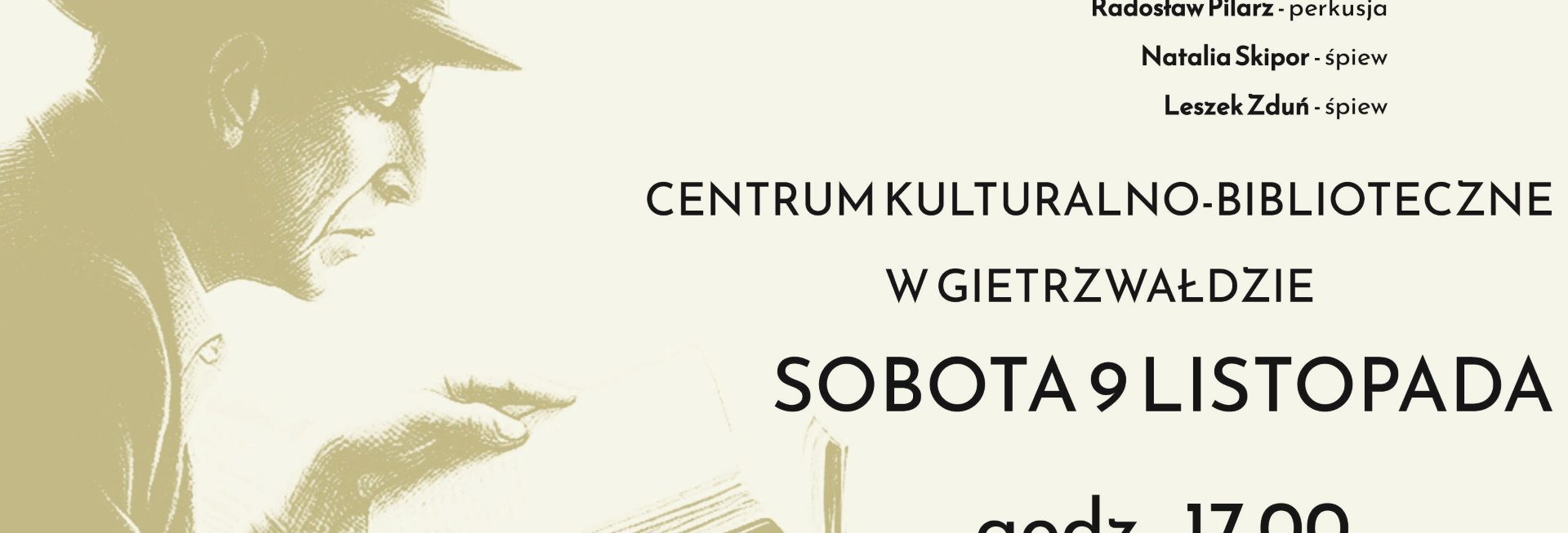 Plakat zapraszający w sobotę 9 listopada 2024 r. do Gietrzwałdu na koncert Memoriał Leonarda Cohena - "Księga Tęsknoty" - w wykonaniu Teatru Piosenki Gietrzwałd 2024.