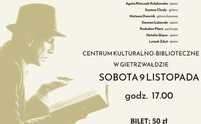 Plakat zapraszający w sobotę 9 listopada 2024 r. do Gietrzwałdu na koncert Memoriał Leonarda Cohena - "Księga Tęsknoty" - w wykonaniu Teatru Piosenki Gietrzwałd 2024.