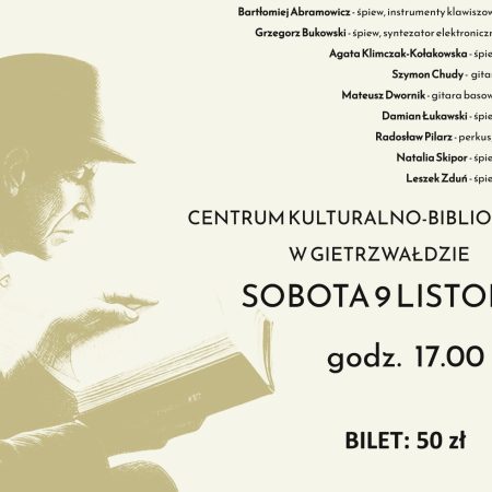 Plakat zapraszający w sobotę 9 listopada 2024 r. do Gietrzwałdu na koncert Memoriał Leonarda Cohena - "Księga Tęsknoty" - w wykonaniu Teatru Piosenki Gietrzwałd 2024.