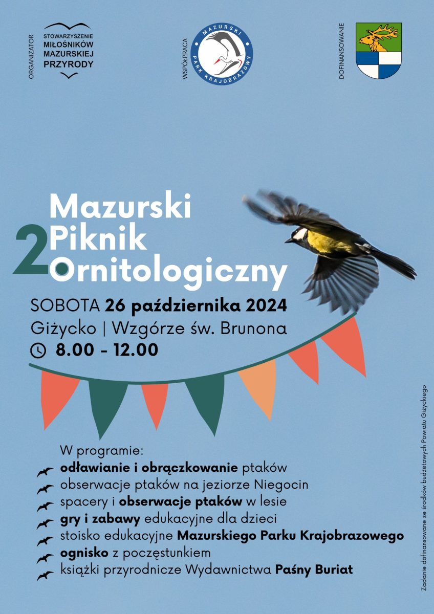 Plakat zapraszający w sobotę 26 października 2024 r. do Giżycka na Mazurski Piknik Ornitologiczny Giżycko 2024.