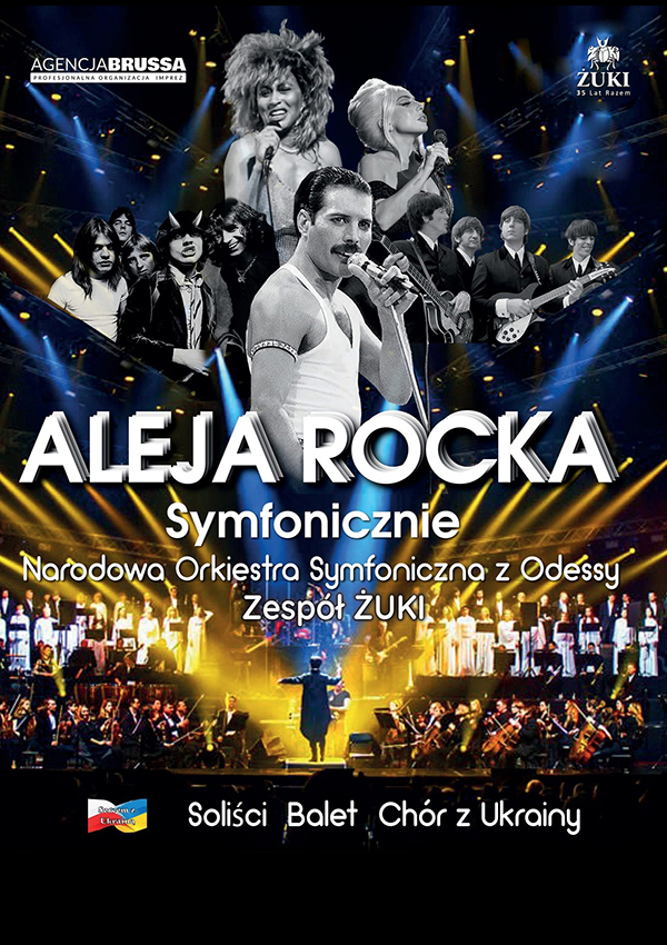 Plakat zapraszający na koncert Aleja Rocka Symfonicznie Filharmonia Olsztyn. 