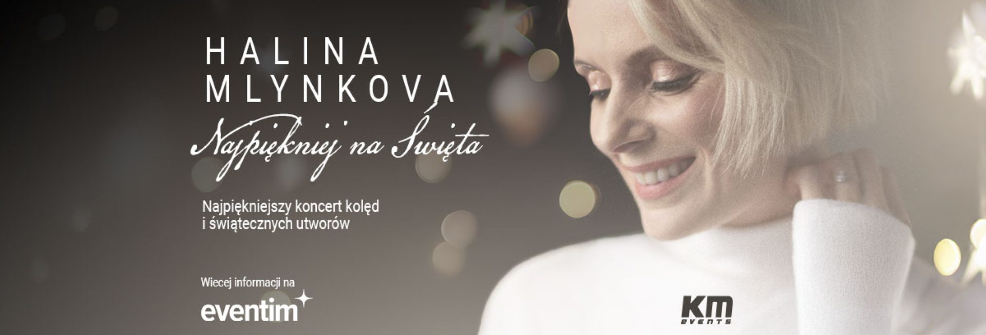 Plakat zapraszający na koncert Kolęd Halina Mlynkova „Najpiękniej na Święta!”. 